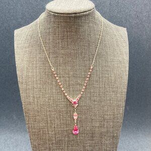 Vieste Austrian Crystal Necklace 15 In Y Drop Pink Teardrop Pendant Silver Chain